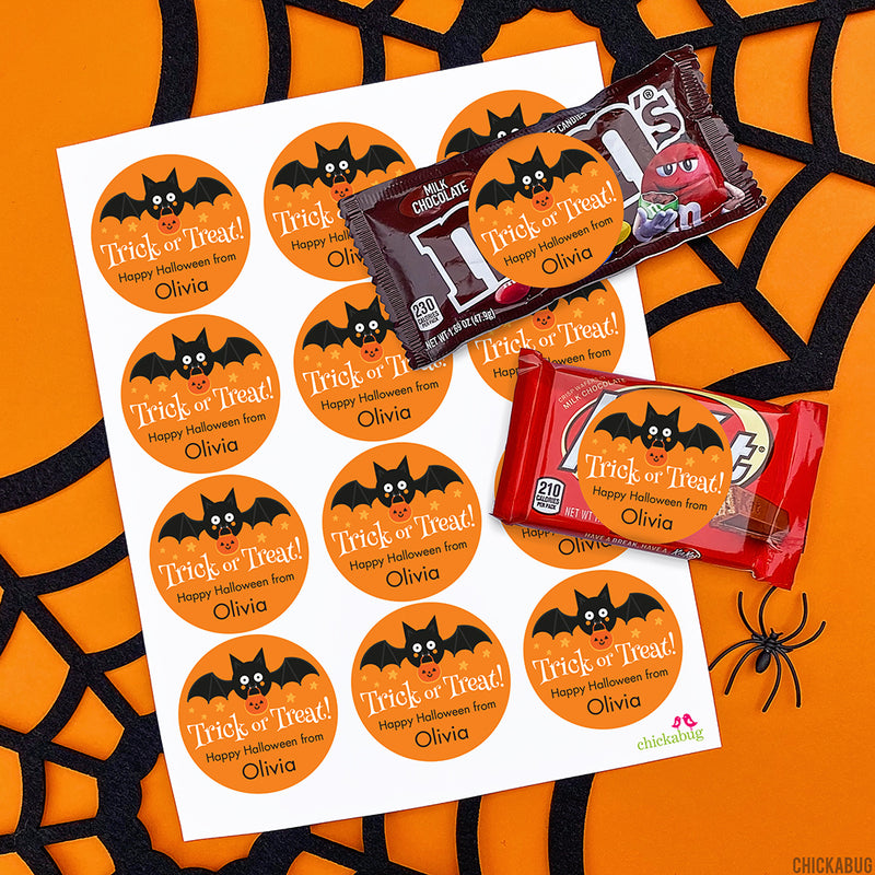 Trick or Treat Bat Halloween Stickers (Orange)