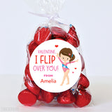 "I Flip Over You" Gymnast Valentine's Day Stickers - Brown Hair