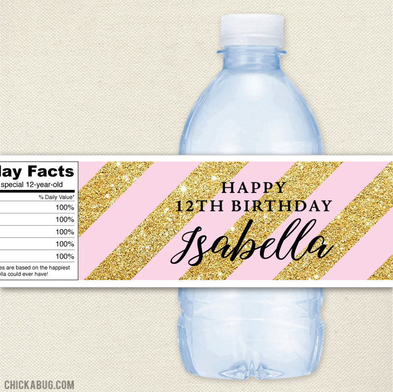 Gold and Pink Birthday Water Bottle Labels