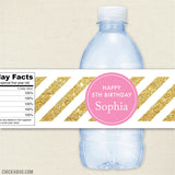 Gold and Pink Stripe Birthday Party Water Labels
