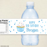 Blue Cupcake Birthday Water Bottle Labels