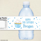 Blue Cupcake Birthday Party Water Labels