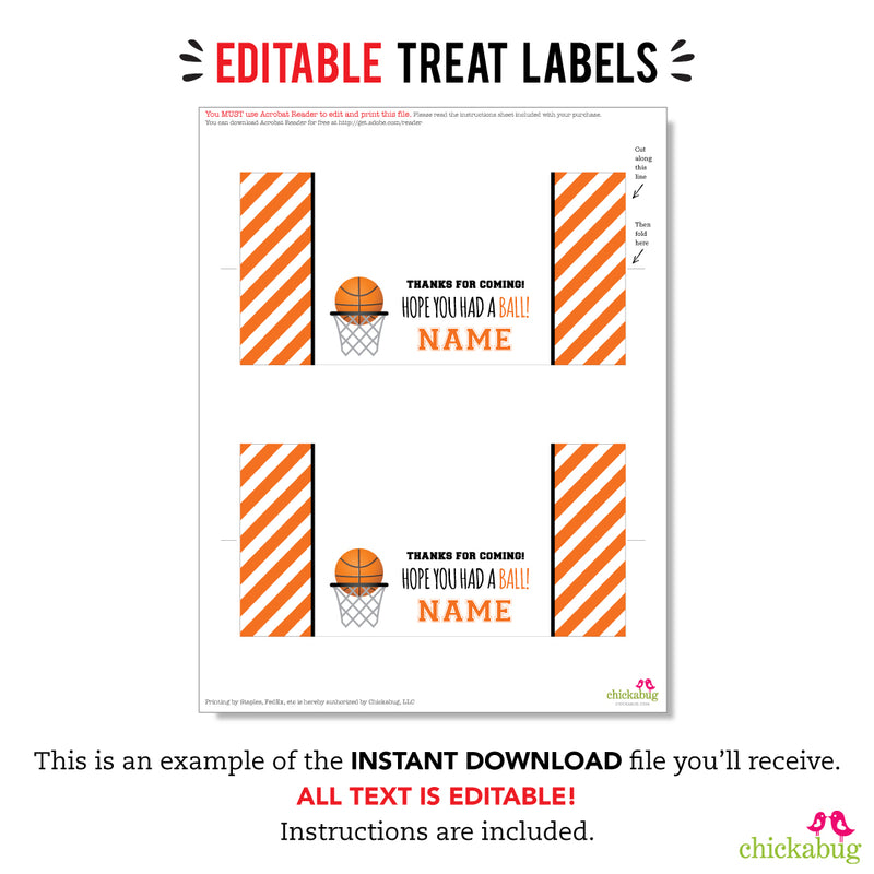 Basketball Party Treat Bag Label (EDITABLE INSTANT DOWNLOAD)