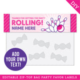 Pink Bowling Party Treat Bag Label (EDITABLE INSTANT DOWNLOAD)