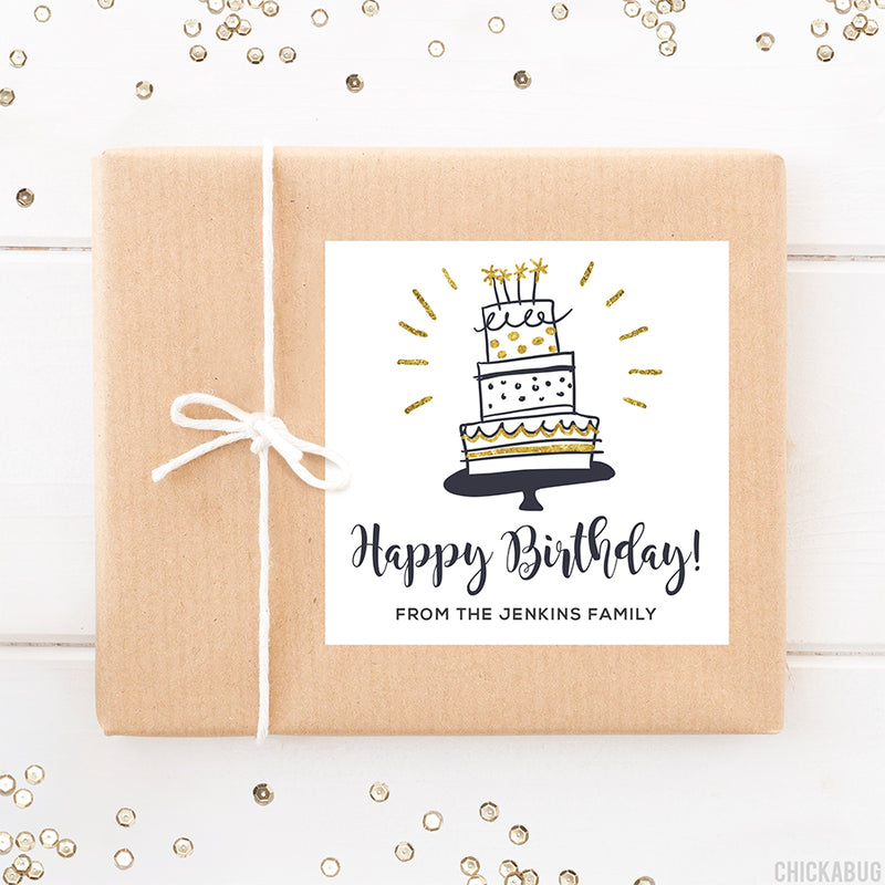 Black and Gold Birthday Cake Gift Labels