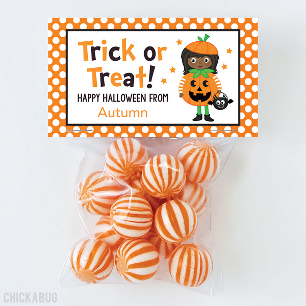 "Trick or Treat" African-American Girl Halloween Paper Tags and Bags