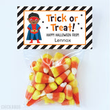 African-American Boy Superhero Halloween Paper Tags and Bags