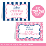 Pink Nautical Party Table Tent Cards (EDITABLE INSTANT DOWNLOAD)