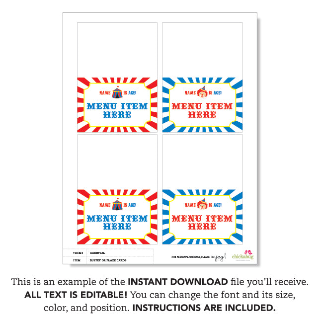 Carnival Party Table Tent Cards (EDITABLE INSTANT DOWNLOAD)