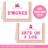 Pink Camping Party Table Tent Cards (EDITABLE INSTANT DOWNLOAD)