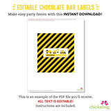 Construction Party Chocolate Bar Labels (EDITABLE INSTANT DOWNLOAD)