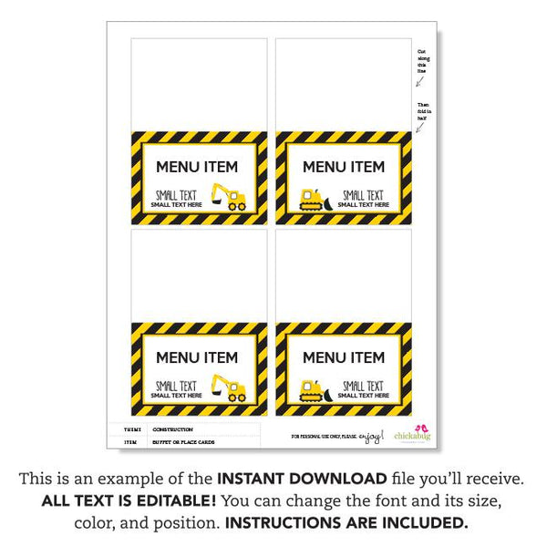 Construction Party Table Tent Cards (EDITABLE INSTANT DOWNLOAD)