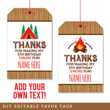 Camping Birthday Party Editable Favor Tags (INSTANT DOWNLOAD)