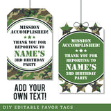 Army Party Favor Tags (EDITABLE INSTANT DOWNLOAD)