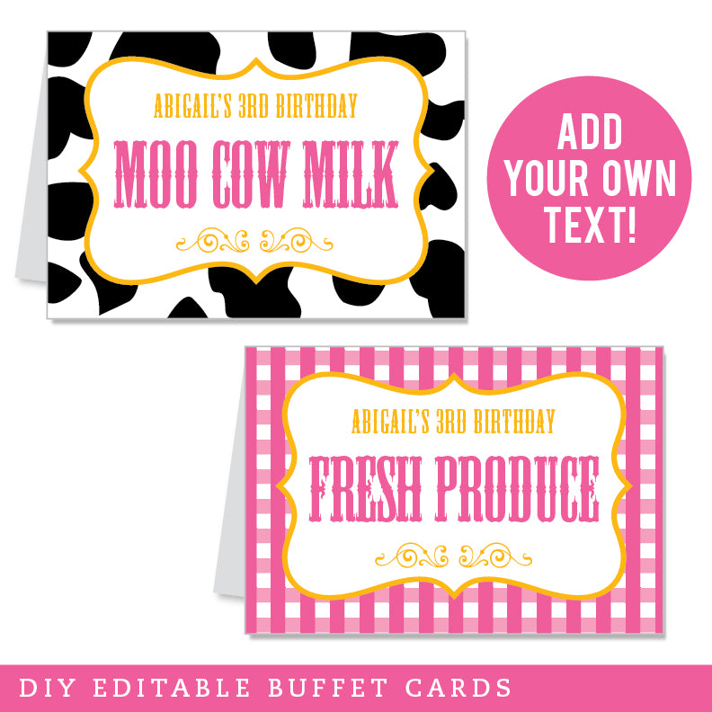 Pink Farm Party Table Tent Cards (EDITABLE INSTANT DOWNLOAD)