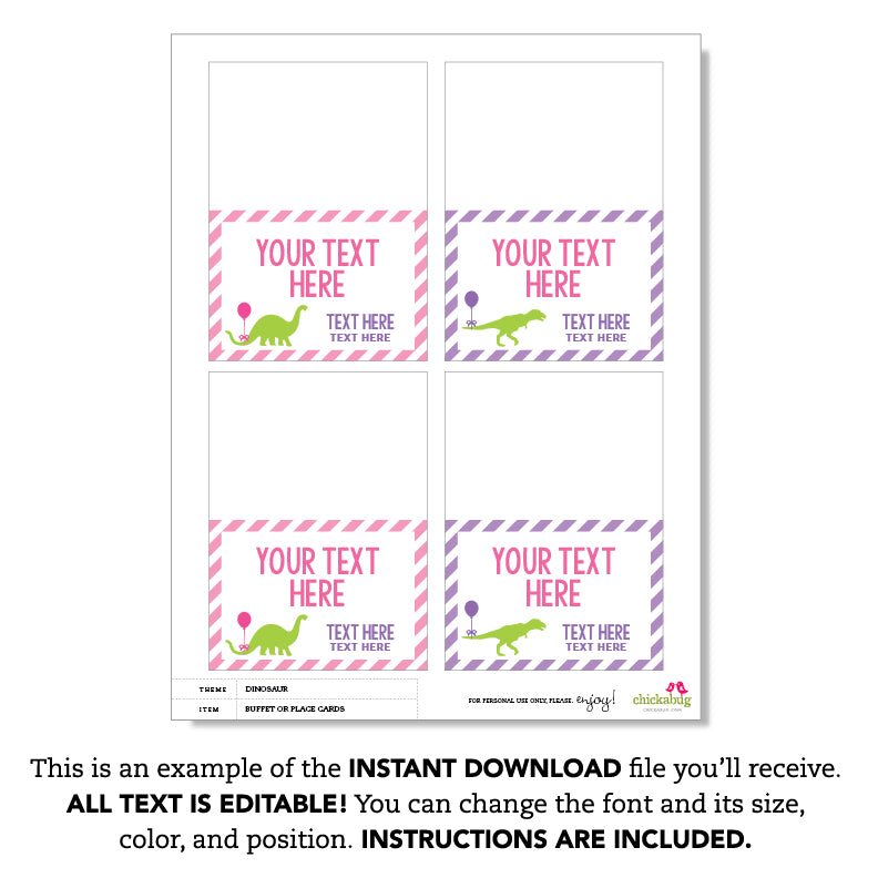 Pink Dinosaur Party Table Tent Cards (EDITABLE INSTANT DOWNLOAD)