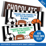 Sports Party Chocolate Bar Labels (EDITABLE INSTANT DOWNLOAD)