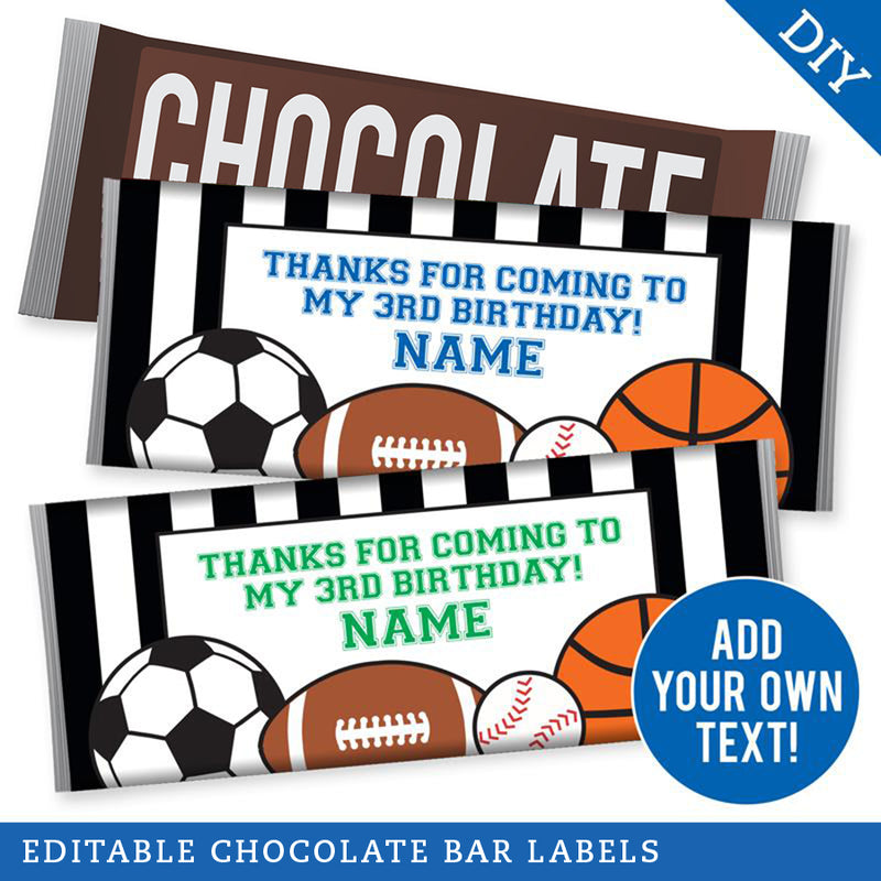 Sports Party Chocolate Bar Labels (EDITABLE INSTANT DOWNLOAD)