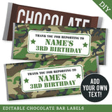 Army Party Chocolate Bar Labels (EDITABLE INSTANT DOWNLOAD)