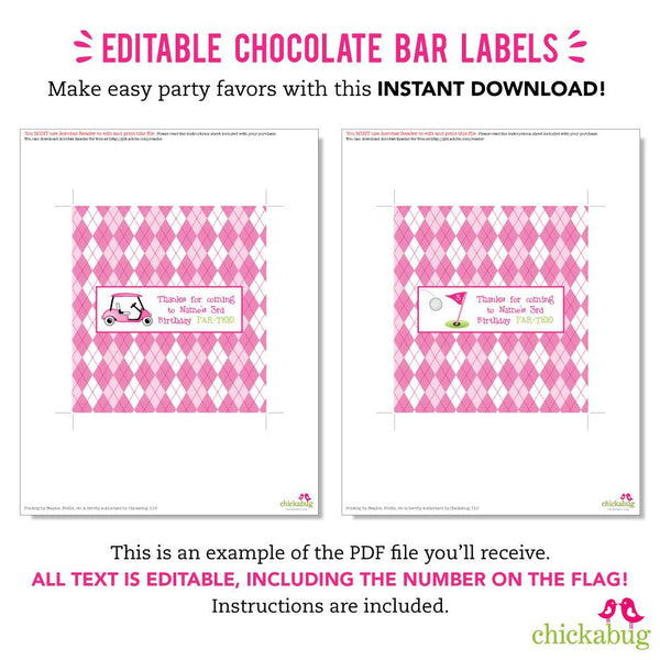Pink Golf Party Chocolate Bar Labels (EDITABLE INSTANT DOWNLOAD)