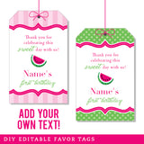 Pink Watermelon Party Favor Tags (EDITABLE INSTANT DOWNLOAD)