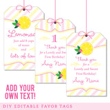 Pink Lemonade Party Favor Tags (EDITABLE INSTANT DOWNLOAD)