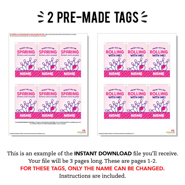 Pink Bowling Party Favor Tags (EDITABLE INSTANT DOWNLOAD)