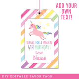 Pink Unicorn Party Favor Tags (EDITABLE INSTANT DOWNLOAD)