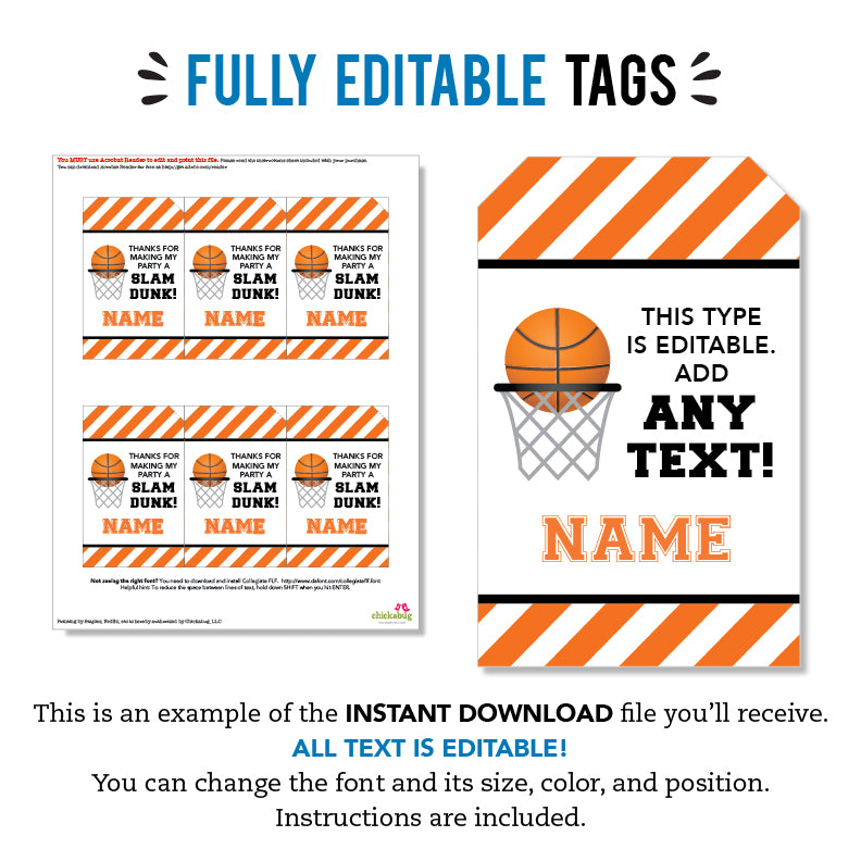 Basketball Party Favor Tags (EDITABLE INSTANT DOWNLOAD)