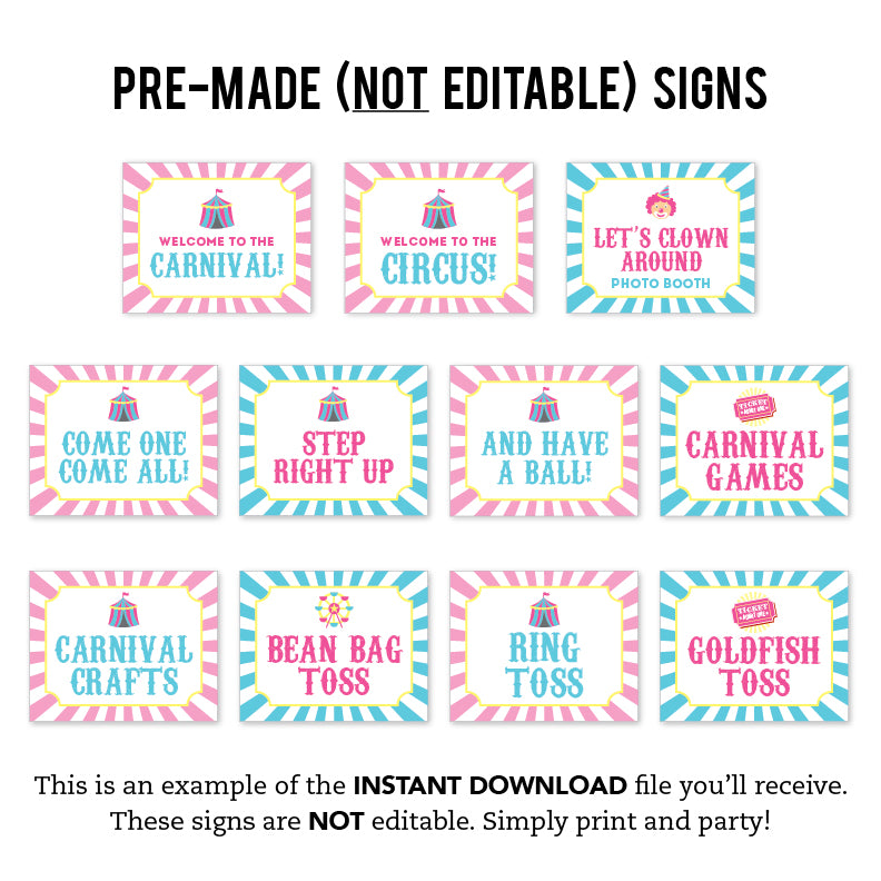 Pink Carnival Party Signs (EDITABLE INSTANT DOWNLOAD)