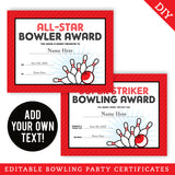 Bowling Party Certificates (EDITABLE INSTANT DOWNLOAD)