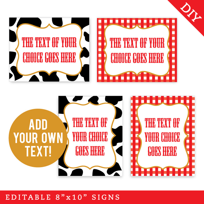 Farm Party Signs in Cow Print and Gingham (EDITABLE INSTANT DOWNLOAD) – Chickabug for Free Printable Farm Party Labels