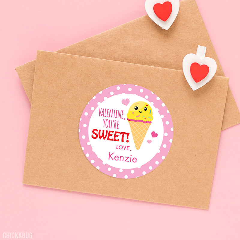 "You're Sweet" Ice Cream Cone Valentine's Day Stickers