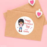 Cute Girl Valentine's Day Stickers - African-American Girl with Braids