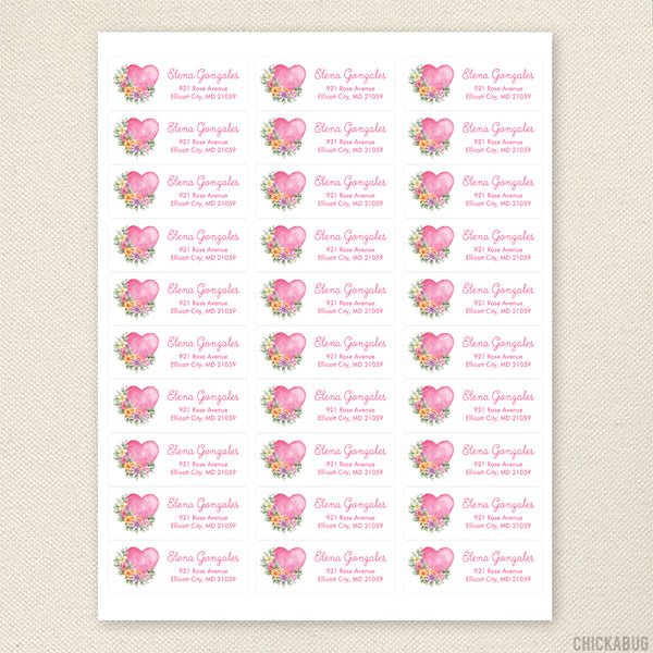 Watercolor Heart and Flowers Address Labels