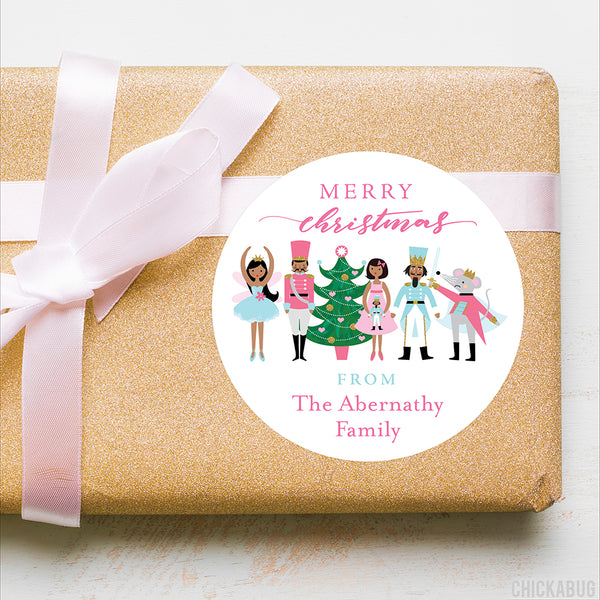 Pink Nutcracker Christmas Gift Labels - African-American Characters