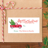 Watercolor Red Truck Rectangular Christmas Gift Labels