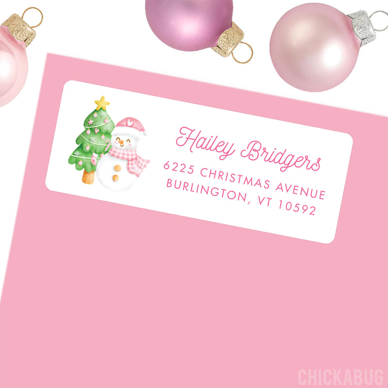 Pink Snowman Christmas Address Labels