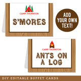 Camping Party Table Tent Cards (EDITABLE INSTANT DOWNLOAD)
