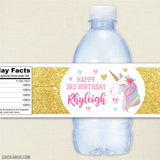 Gold Unicorn Birthday Party Water Labels