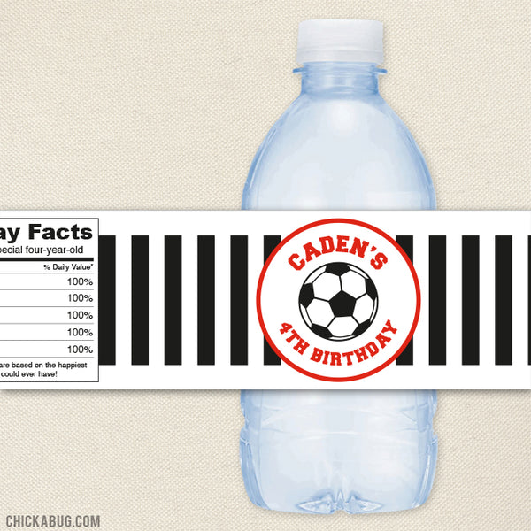 Red Soccer Birthday Water Bottle Labels
