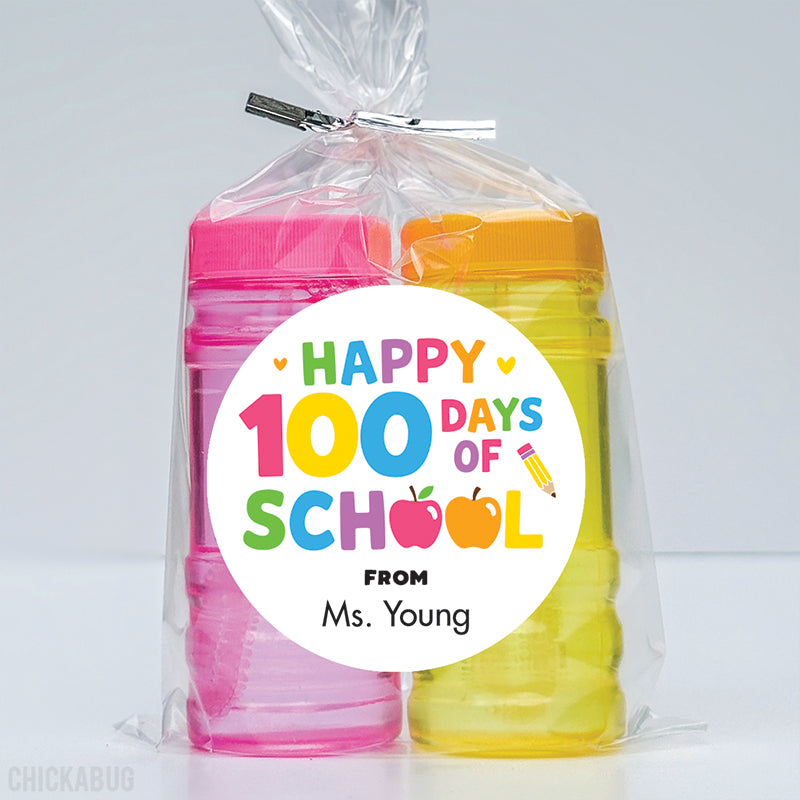 Pink & Rainbow "Happy 100 Days of School" Labels