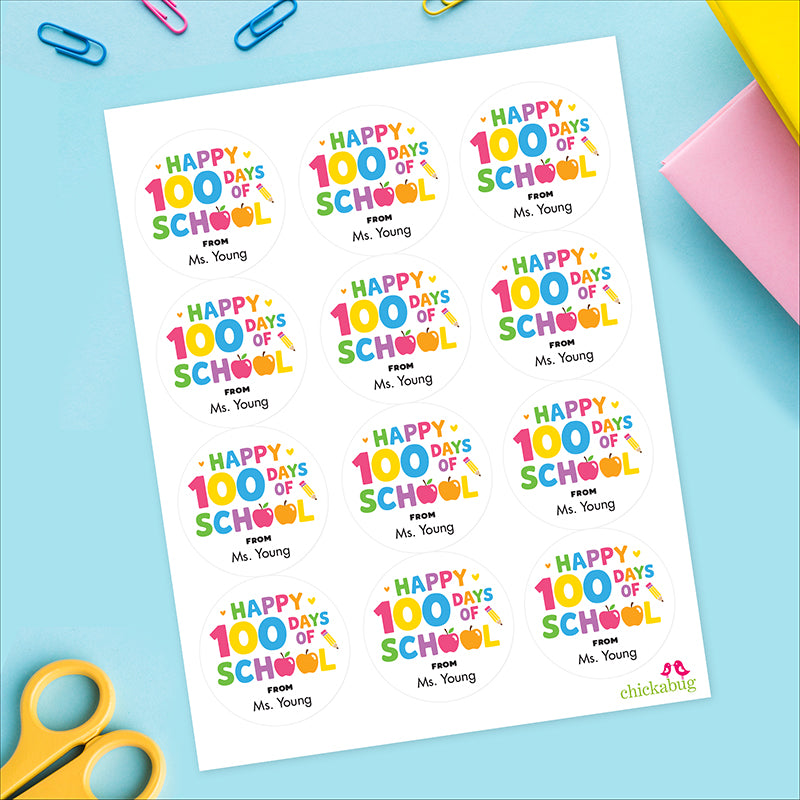 Pink & Rainbow "Happy 100 Days of School" Labels