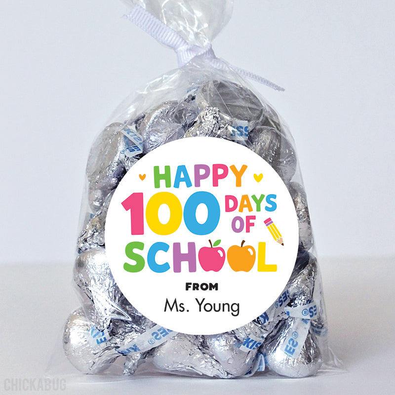Pink & Rainbow "Happy 100 Days of School" Labels