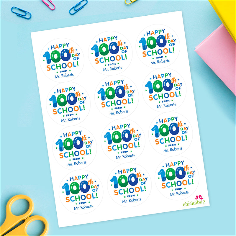 Blue "Happy 100th Day of School" Labels