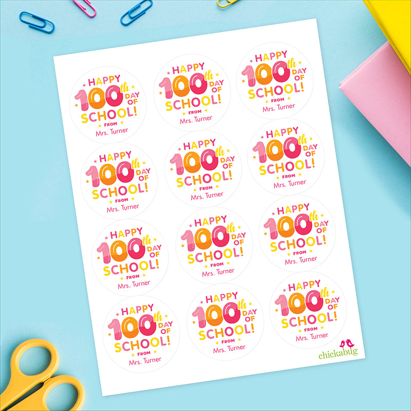 Pink "Happy 100th Day of School" Labels