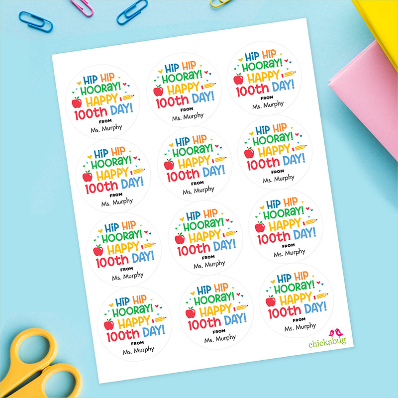 Rainbow "Hip Hip Hooray" 100th Day of School Labels