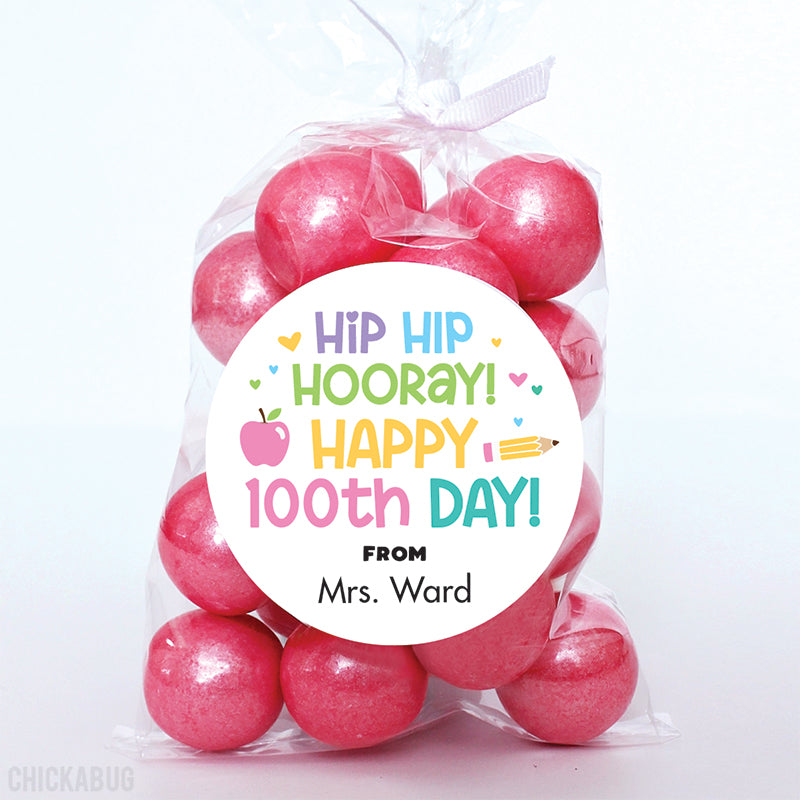 Pink & Pastels "Hip Hip Hooray" 100th Day of School Labels