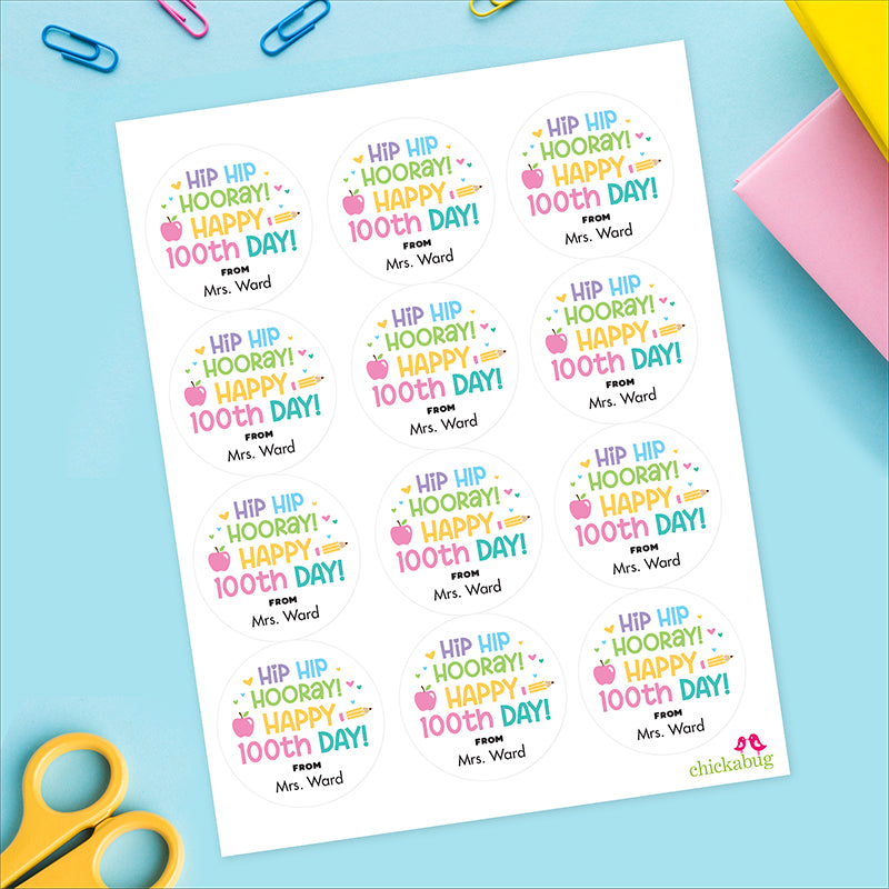 Pink & Pastels "Hip Hip Hooray" 100th Day of School Labels