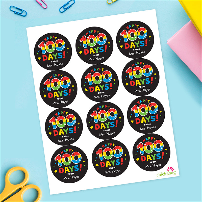 Black "Happy 100 Days" 100th Day of School Labels